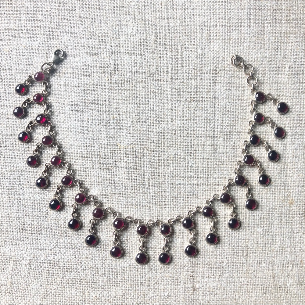 VINTAGE ANKLET Sterling Silver with 38 Garnet Cabochon Gemstones 10" EUC
